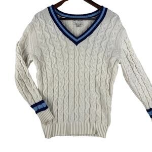 American Eagle Women's Cable Knit Cricket V-Neck Sweater Cream Blue XS Pullover